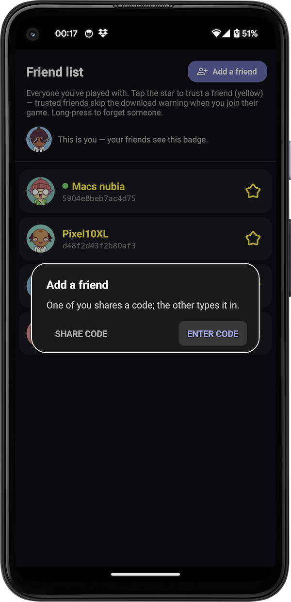Add a friend — choose Share code or Enter code