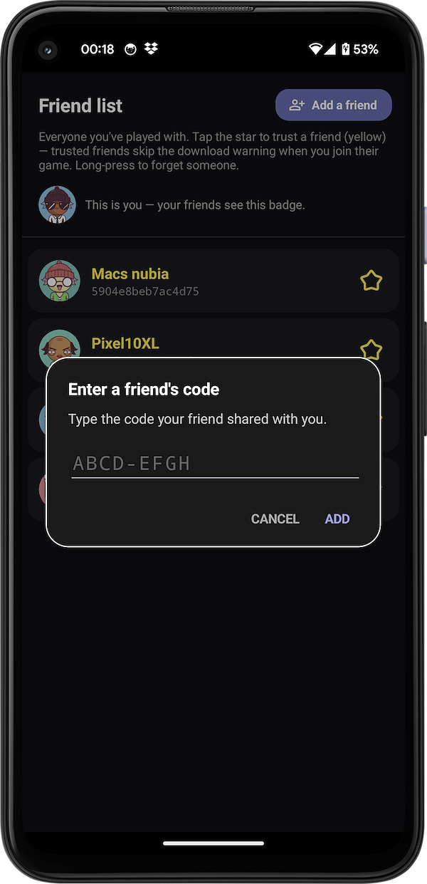 Enter a friend's code — type the code they shared
