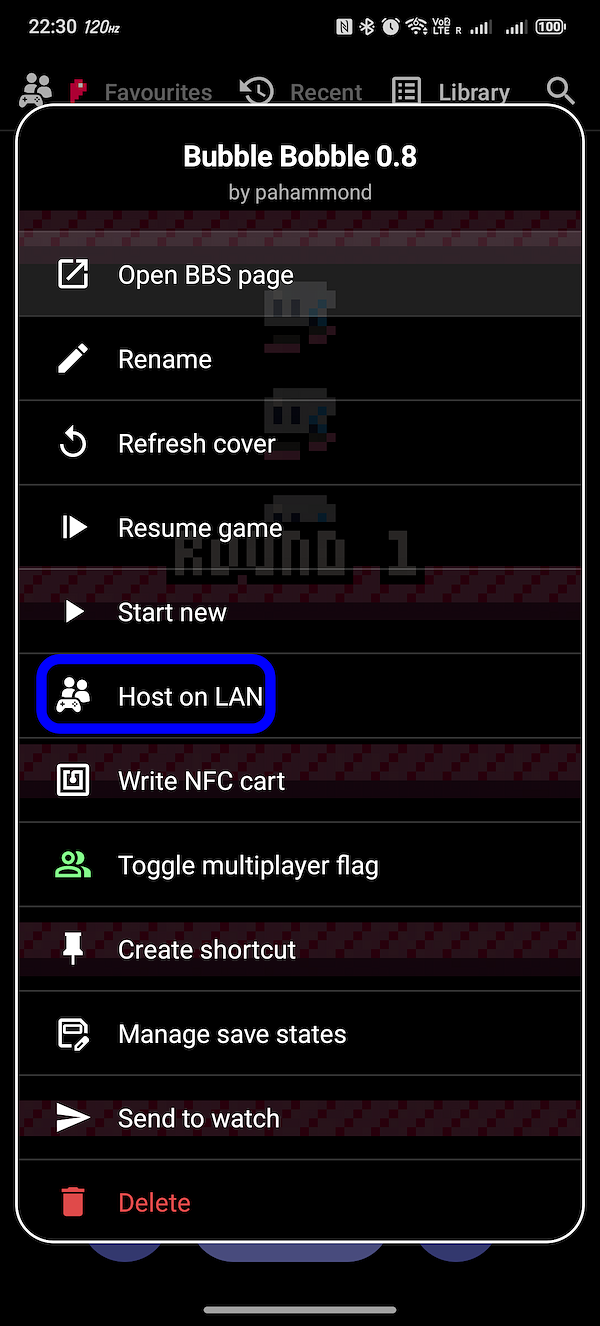 Long-press a cart's context menu with "Host on LAN" highlighted