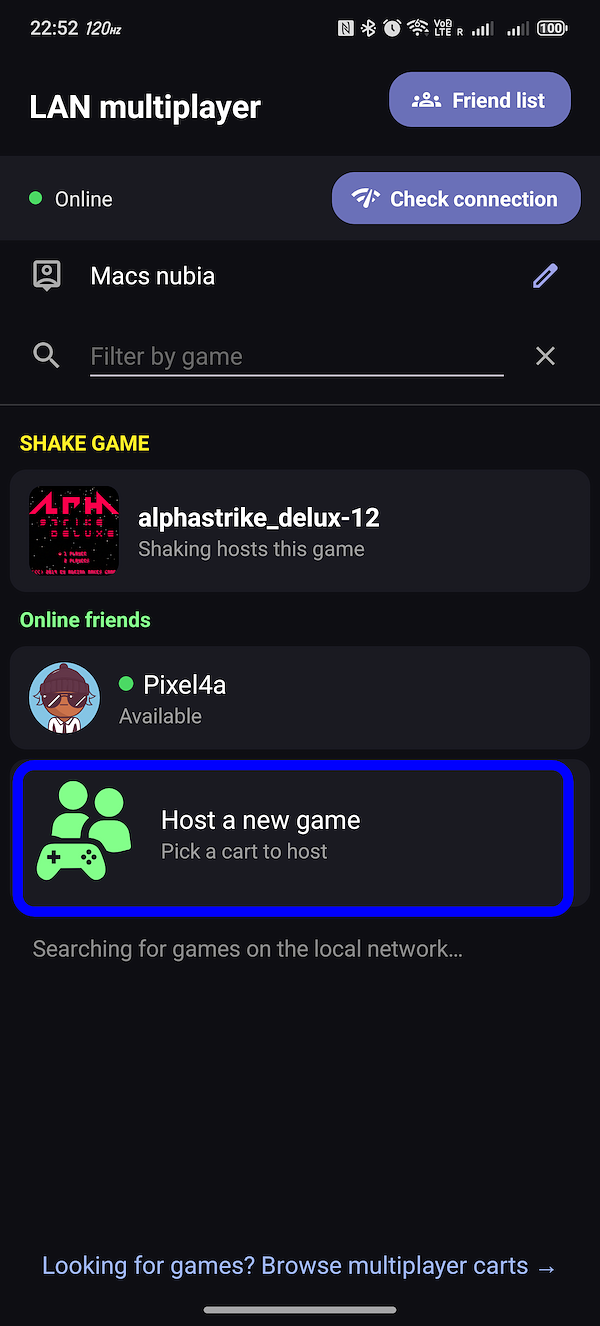 The multiplayer lobby, with "Host a new game" highlighted alongside online friends and nearby games